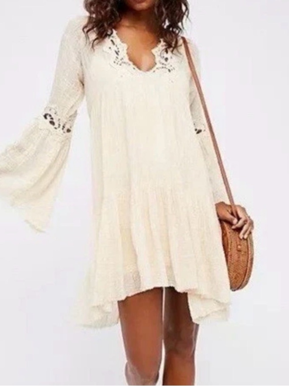 Free People Cream Crochet-Trim Mini Dress